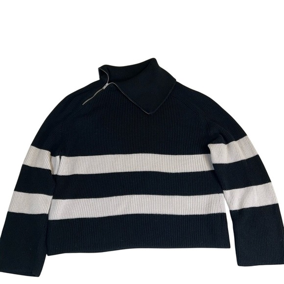 COS Sweaters - COS Wool Blend Black and Off White Striped Zip Sweater Size Medium *Small Flaw